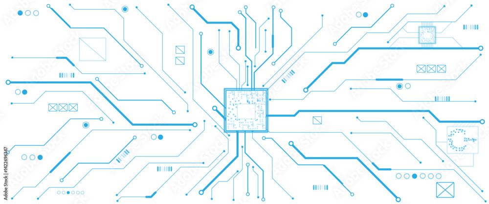 Poster Vector white abstract ON power button in the center of futuristic circuit board with light glowing wires on technology background.