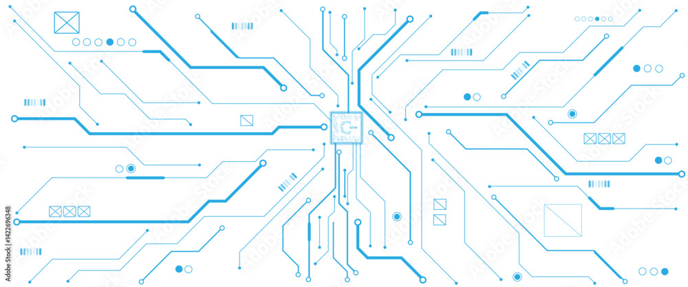 Aufkleber Vector white abstract ON power button in the center of futuristic circuit board with light glowing wires on technology background.