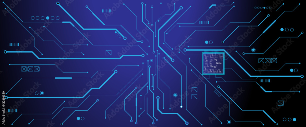 Poster Vector ON power button in the center  of futuristic circuit board with light glowing wires on technology abstract background.