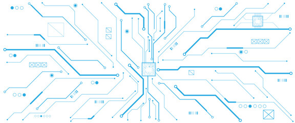 Vector white abstract ON power button in the center of futuristic circuit board with light glowing wires on technology background.