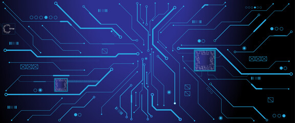 Vector ON power button in the center  of futuristic circuit board with light glowing wires on technology abstract background.