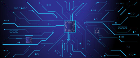 Vector ON power button in the center  of futuristic circuit board with light glowing wires on technology abstract background.