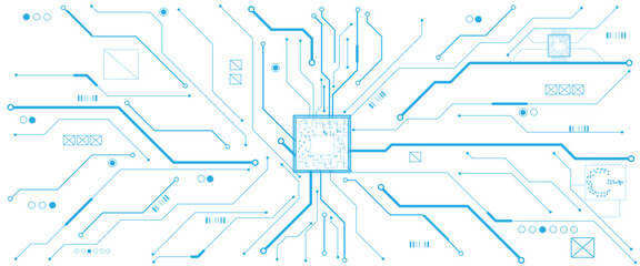 Vector white abstract ON power button in the center of futuristic circuit board with light glowing wires on technology background.
