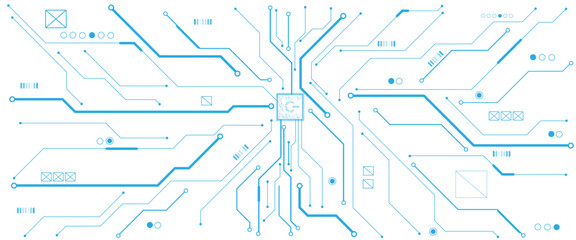 Vector white abstract ON power button in the center of futuristic circuit board with light glowing wires on technology background.