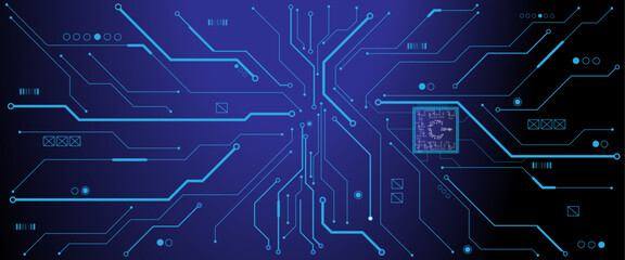 Vector ON power button in the center  of futuristic circuit board with light glowing wires on technology abstract background.