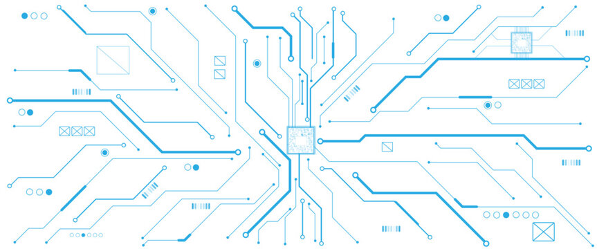 Vector white abstract ON power button in the center of futuristic circuit board with light glowing wires on technology background.