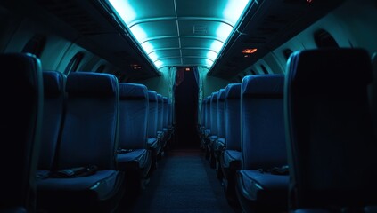 Fototapeta premium Night Flight: Empty Airplane Cabin Illuminated in Teal