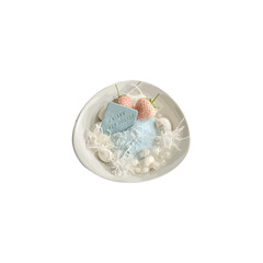 Artistic Dessert Plate with Strawberries Mochi Cookie and Coconut Flakes