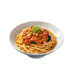 Appetizing noodles with rich meat sauce and fresh sprouts in a bowl