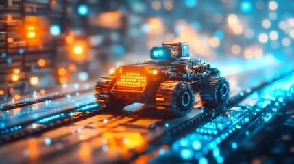 Futuristic robot vehicle navigating digital city, server room backdrop