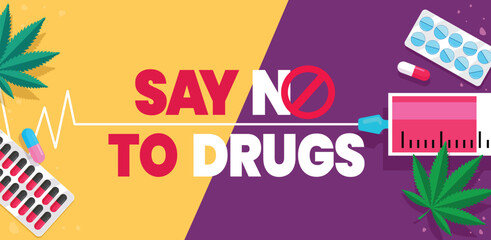 No to drug abuse clipart banner. Say no to drugs campaign clip art poster for warning signage anti addiction banner design vector illustration.  
