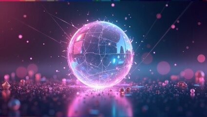 Fototapeta premium A transparent bubble surrounded by smaller droplets, glowing with neon pink and blue light, creating a futuristic, sci-fi vibe with reflections and light distortion. Generative, AI,