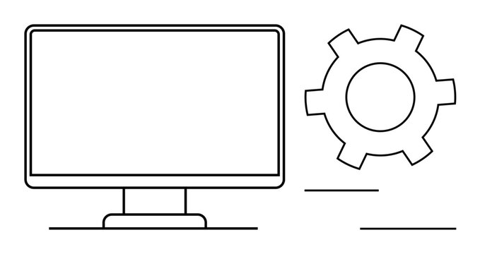 Computer monitor alongside a gear icon symbolizing technology, system setup, software maintenance, IT services, process optimization, digital tools, and simple landing page
