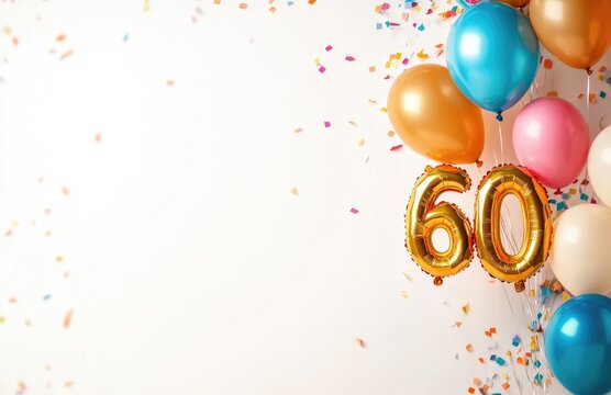 Festive 60th Birthday Celebration Gold Number Balloons Colorful Confetti Array of Balloons Blue Gold Pink and White against White Background
