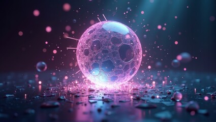 A transparent bubble surrounded by smaller droplets, glowing with neon pink and blue light, creating a futuristic, sci-fi vibe with reflections and light distortion. Generative, AI,