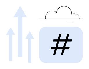 metadata tag symbol inside a blue square, cloud above, and upward arrows suggesting internet growth, social media trends, and connectivity. Ideal for digital marketing, social media strategy, content
