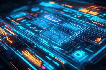 Futuristic Digital Interface with Glowing Blue and Orange Patterns