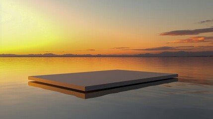 Tranquil Sunset Over Calm Water with Floating Platform Reflection