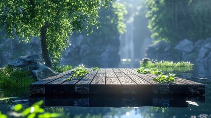 Serene Floating Dock in Lush Forest with Tranquil Waterfall View