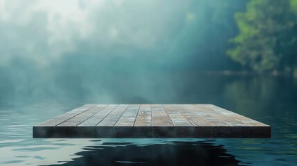 Tranquil Floating Platform in Misty Lake Surrounded by Greenery