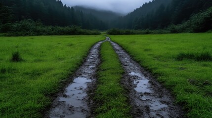 Obraz premium Misty forest path through a grassy meadow