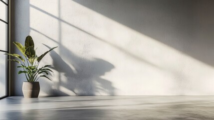 Interior with Plant and Light Shadows in Minimalist Space