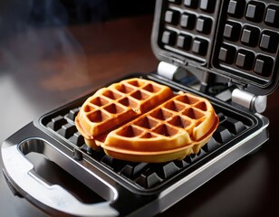 A sleek rotating waffle maker cooking golden waffles