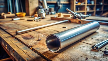 A metal pipe lying on the ground with a few tools scattered around it , workbench, forgotten,  workbench