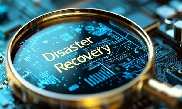 magnifying glass over a motherboard circuit board with the words Disaster Recovery, digital computer board with text saying Disaster recovery for it plan