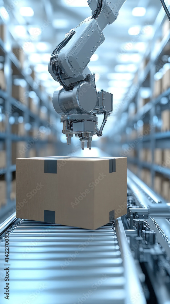 Poster a robot is working on a box in a warehouse. the robot is in the middle of the box and is working on 