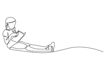 Continuous one line drawing of little girl reading a book. Single line drawing illustration Little woman reading book. World children book day concept vector art. Doodle line illustration.