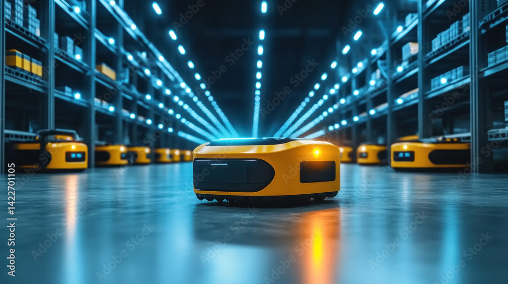 Poster a row of yellow robots are lined up in a warehouse. the robots are all the same color and appear to 