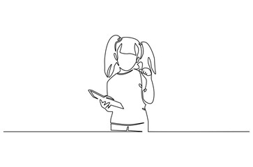 Continuous one line drawing of little girl reading a book. Single line drawing illustration Little woman reading book. World children book day concept vector art. Doodle line illustration.
