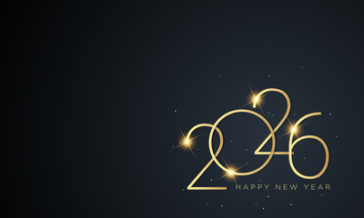 2026 Happy New Year Template Design with Golden Text on Black Backgorund.