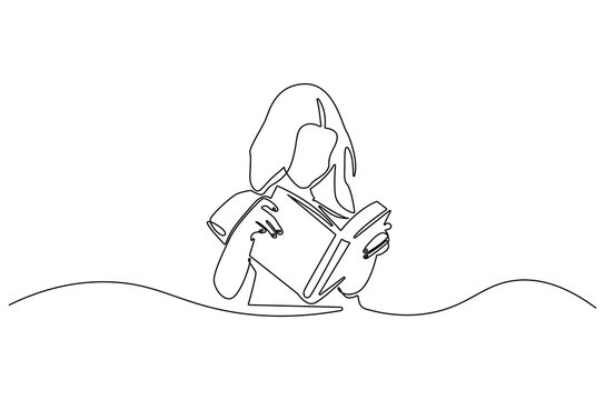 Continuous one line drawing of little girl reading a book. Single line drawing illustration Little woman reading book. World children book day concept vector art. Doodle line illustration.