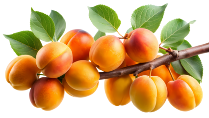 Fresh apricots on a branch with leaves isolated on a transparent background