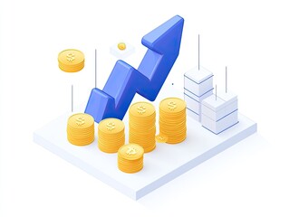 Isometric illustration of rising finance, growth, and wealth with coins and upward arrow.