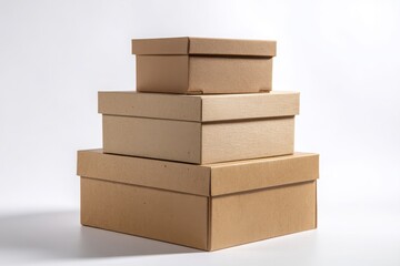 A stack of three closed cardboard boxes of varying sizes on a white surface in studio lighting. stack of cardboard boxes