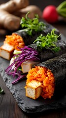 Generation Alpha food menu: Plant-Based Sushi Burrito &ndash; Seaweed wrap, tofu, fermented kimchi rice.