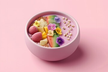 Generation Alpha food menu: Rainbow Smoothie Bowl – AI-personalized fruit mix, superfoods, edible flower toppings.