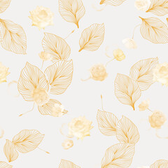 Floral seamless pattern features a delicate, watercolor-like flowers and stylized leaves with a central vein and radiating lines on a soft yellow background, creating a gentle and ethereal feel