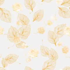 Fototapeten Floral seamless pattern features a delicate, watercolor-like flowers and stylized leaves with a central vein and radiating lines on a soft yellow background, creating a gentle and ethereal feel © momosama