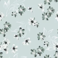 Fotobehang Floral seamless pattern features flowers and leaves in shades of green and white on a light blue background. The flowers and leaves have a painterly, slightly abstract quality © momosama
