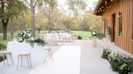 Fototapeta premium Elegant outdoor wedding reception setup on a patio next to a wooden barn with white table linens, floral centerpieces, and warm string lights.