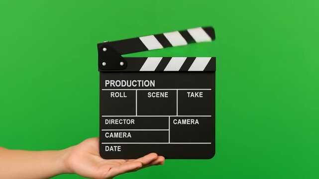 Action! Movie clapperboard held against a vibrant green screen, symbolizing filmmaking.
