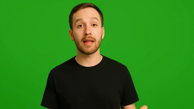 Speaking to the Audience: A confident man in a studio setting gestures with hands, framed by a vivid green backdrop, embodying a dynamic visual narrative with a direct gaze.