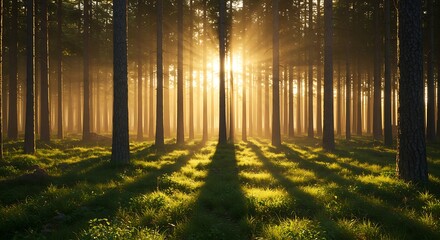 Sunlight Streaming Through Tall Trees in Forest Landscape