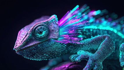Digital chameleon with vibrant neon fiber optic crest.  Close-up, detailed view of a stylized lizard-like creature, rendered with glowing dots and vibrant colors - Powered by Adobe