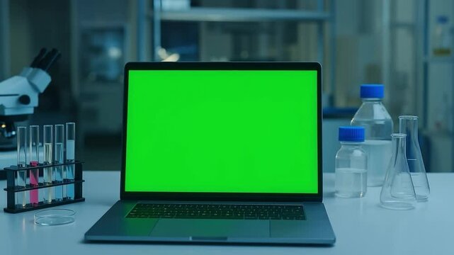 Laboratory Digital Canvas: A laptop with a vibrant green screen sits center stage on a lab bench, framed by essential tools.