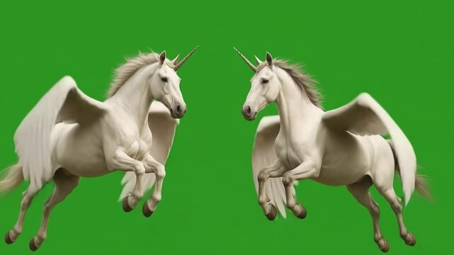 Flying Unicorns on Green Screen: Two majestic white unicorns, each with large, powerful wings, gracefully leap across a vibrant green screen.  Their long, flowing manes add to their ethereal beauty.